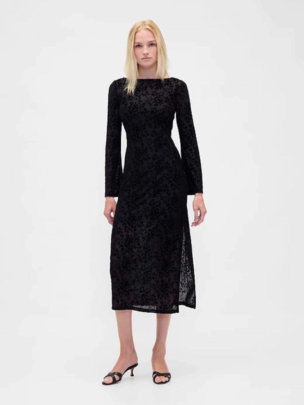 GAP Black Burnout Long-Sleeve Midi Dress - Classic Elegant Fit